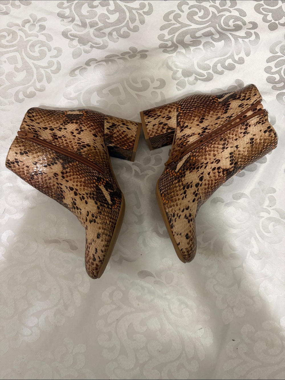 BAMBOO Tan Brown Snakeskin Ankle Booties with Block Heel